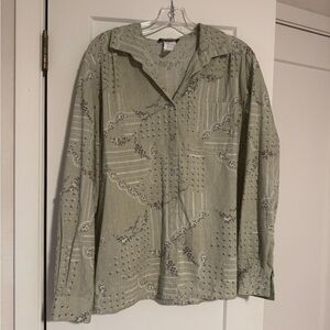 Sage button down shirt with floral and bandana detailing